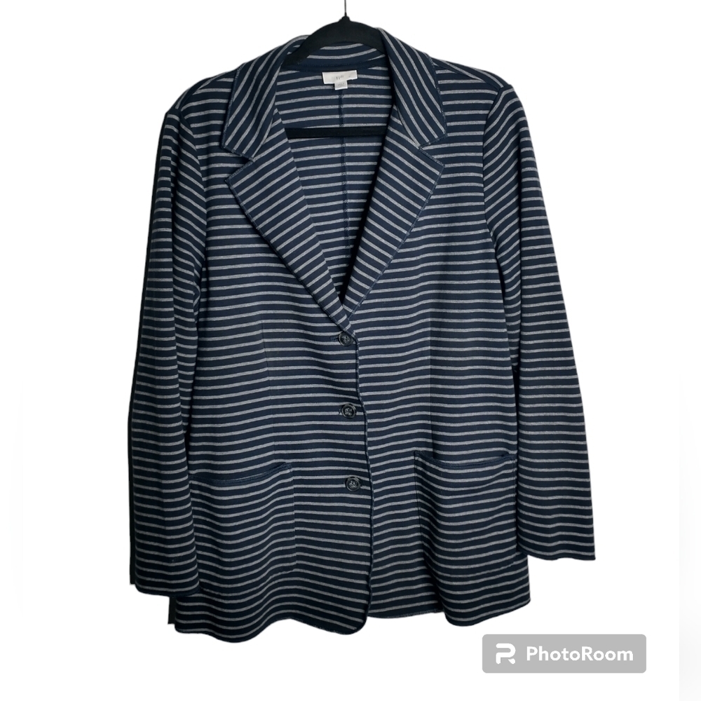 J. Jill Navy Striped 3 Button Jersey Blazer, casual, size L